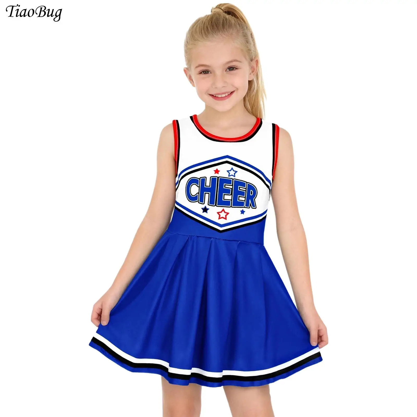 

Girls Halloween Cheer Dance Dress Cheerleading Costume Uniforms Letter Print Sleeveless Pleated Cheer Dress Fancy Party Dress Up