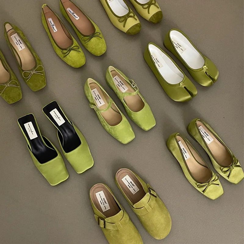 2024 Green Spring New Women Flat Shoes Fashion Green Ladies Casual Slip On Ballerinas Shoes Soft Flat Heel Outdoor Dress Ballet