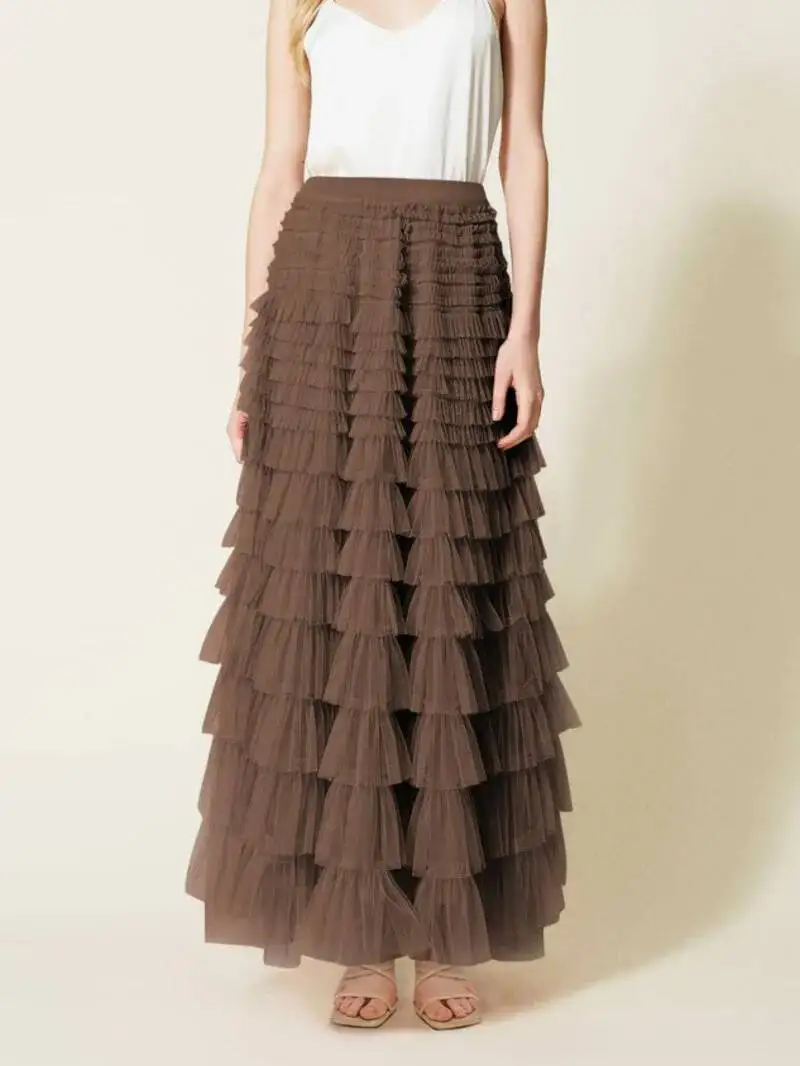 Casual Solid Women Tierred Ball Gown Skirts Tulle High Waist Pleated Long Tutu Skirt Elegant Ladies Mesh Dating Maxi Skirts QTT8