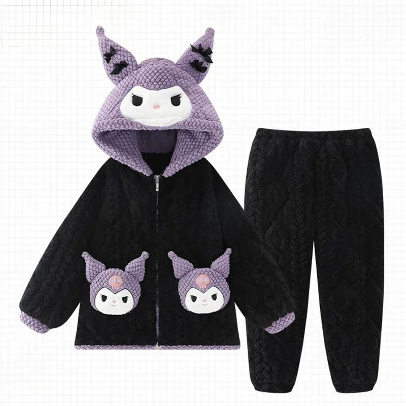 Kuromi 2024 New Cute Cartoon Plus Velvet Thickened Home Wear Set Coral Velvet Pajamas Warm Fashion Skin Friendly Sleepwear Gifts