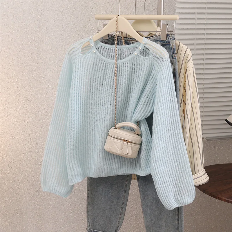 

Fashion Hollow Out Round Neck Women Sweater 2025 Autumn New Solid Color Long Sleeve Knit Tops Loose Versatile Sweet Pullovers