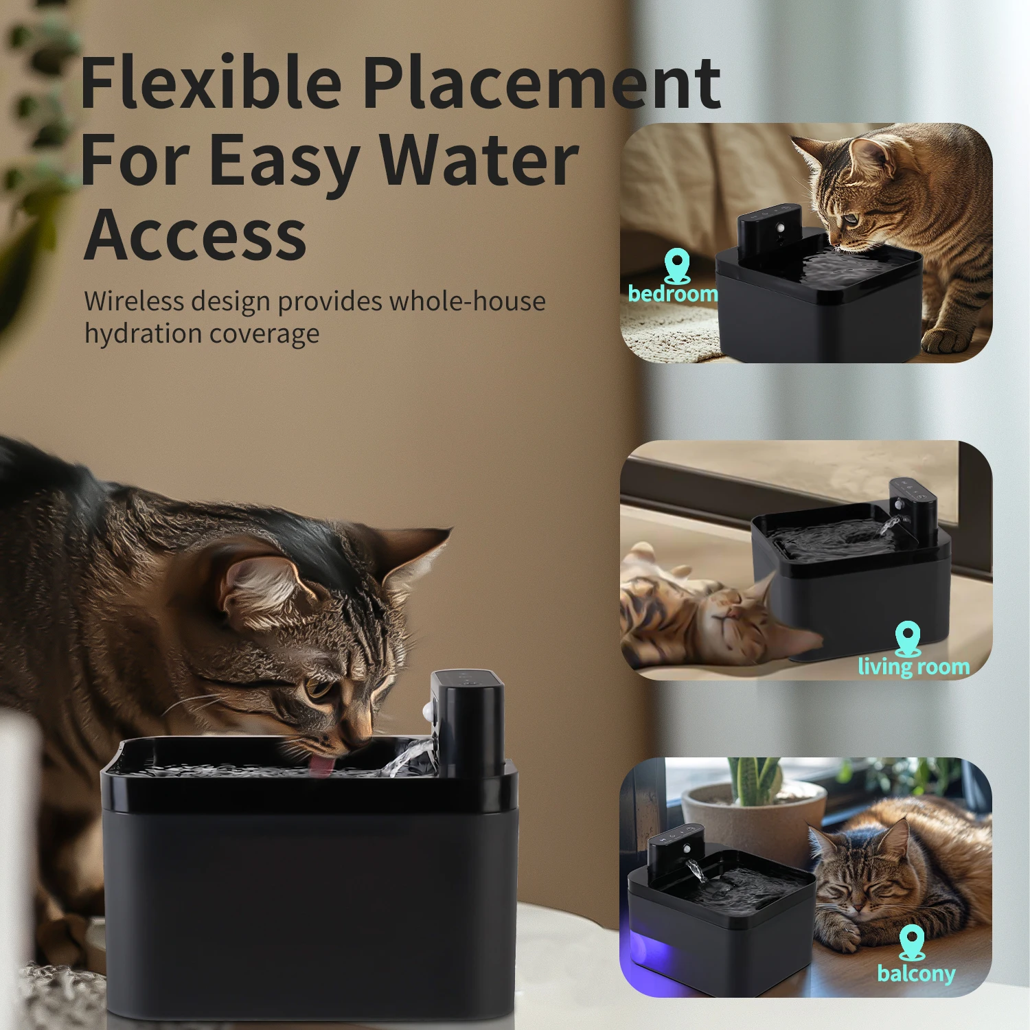 Wireless Drinking fountain for cat dog 2.2L Automatic Cat Water Fountain USB Pet Drinker Battery & Sensor 2 in 1 Dispenser