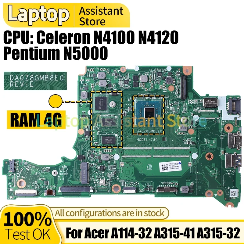 For ACER A114-32 A315-41 A315-32 Laptop Mainboard DA0Z8GMB8E0 MBGVW11006 Celeron N4120 Pentium N5000 4G Notebook Motherboard