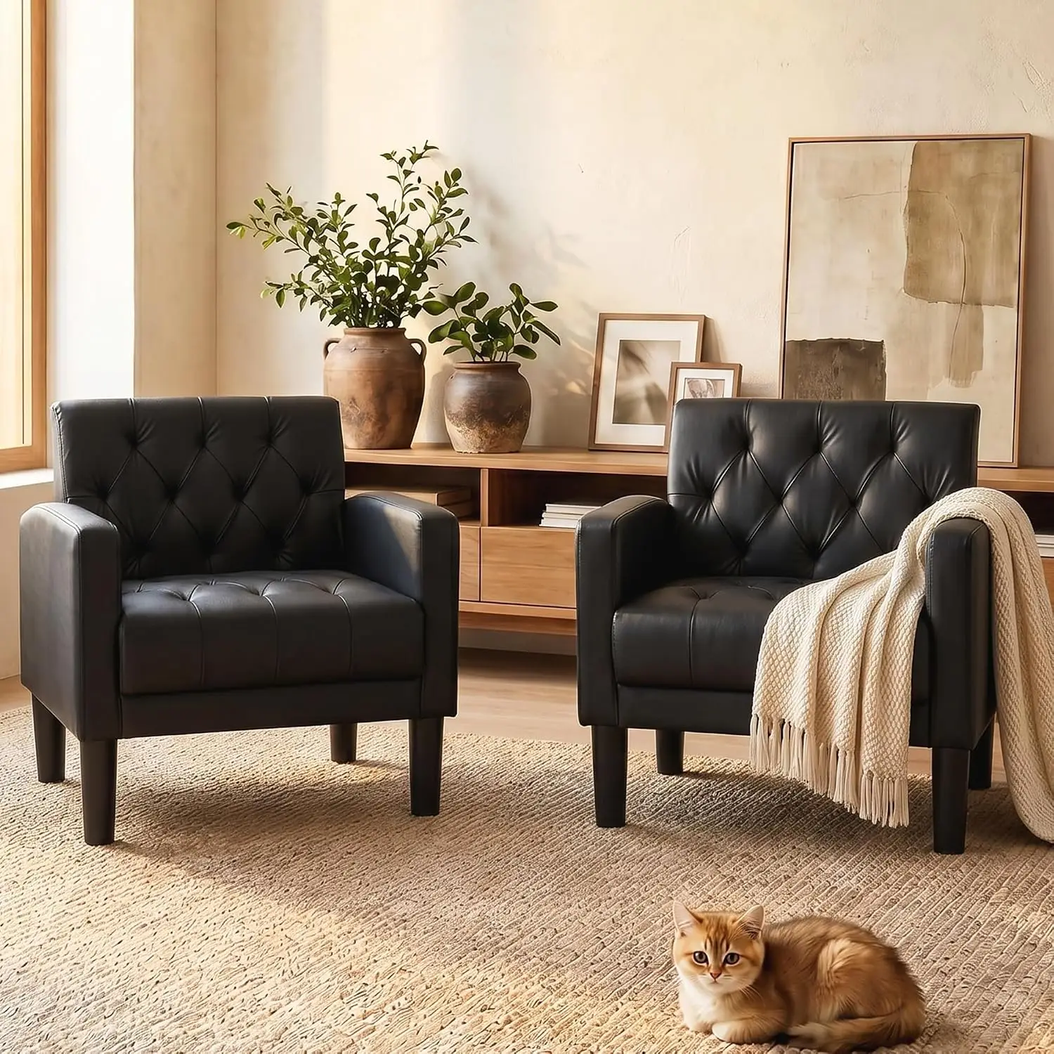 Black Leather Accent Chairs Set of 2 Tufted MCM Armchairs for Living Room Reading Office Bedroom, Customized
