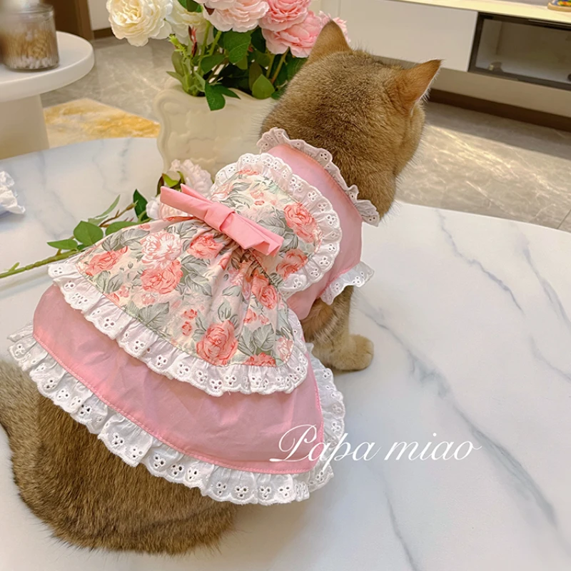 Summer Lace Elegant Pet Clothes Cat Puppy Princess Dress Striped Plaid Dresses with Bow for Cats Kitten Dog Sphynx Clothing