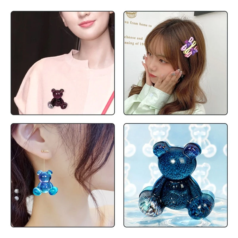 DIY Animal Bear Brooch Earring Hairpin Mold Small Bear Headwear Barrette Clip Keychain Pendant Silicone Casting Mould Tool