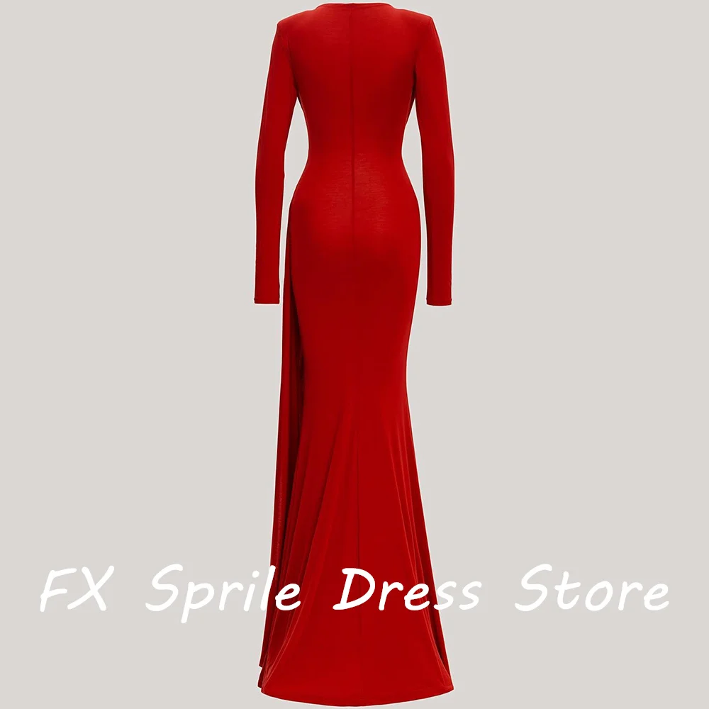 Customized Formal and Classic Mermaid Long Sleeves O-Neck Evening Dress Red Jersey Court Train Pleats Zipper Back Celebrity Gown