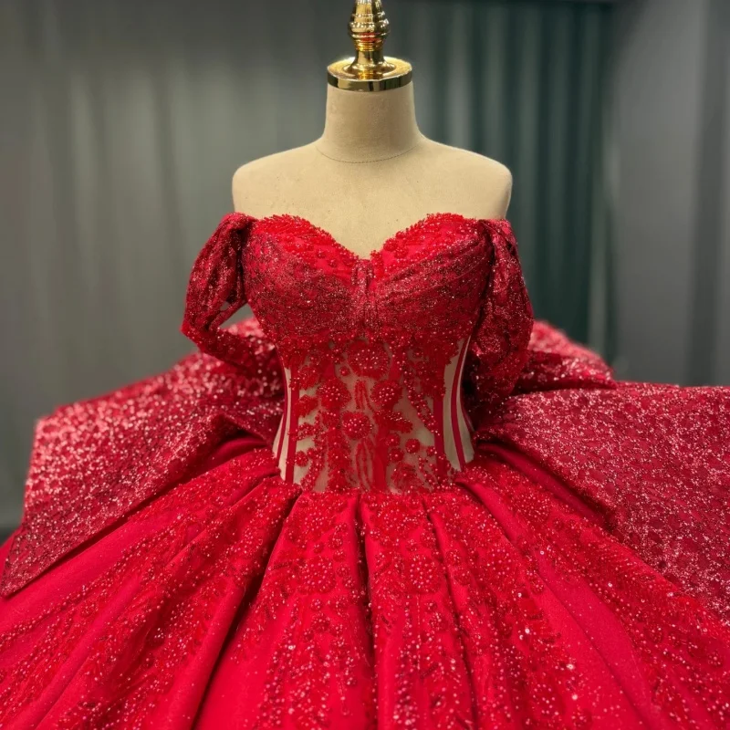 

Shiny Red Quinceanera Dress crystal glitter Decal Long tail beading Lace ruffle Big Bow Vestidos De 15 Quinceanera ﻿Customize