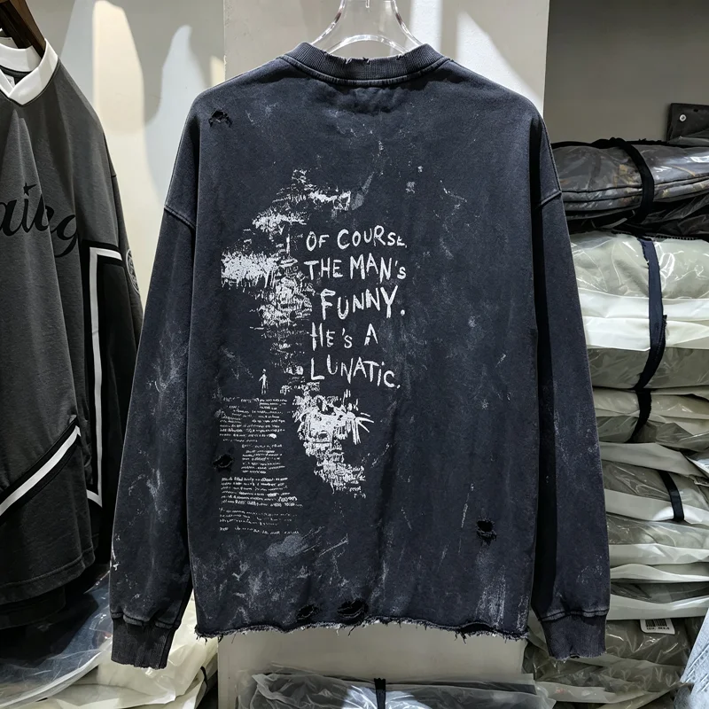 Patch Photo Label Washed Hole Damaged SSSAINT LOUIS Sweatshirts Men Women Black Streetwear Clothes Paint Graffiti Pullovers