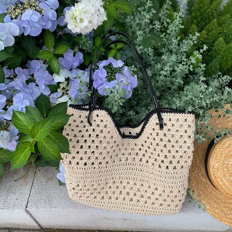 Simple Crochet Knitted Bag 2026 New Colour-blocking Waxed Rope Tote Bag Korean-style Mesh Openwork Large Shoulder Bag