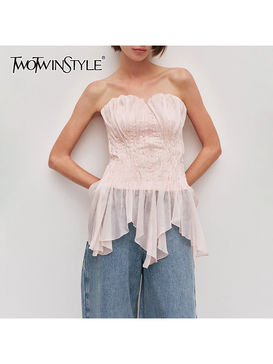 

TWOTWINSTYLE Patchwork Folds Sweet Vests for Women Strapless Sleeveless High Waist Slimming Irregular Solid Vest Female Fashion