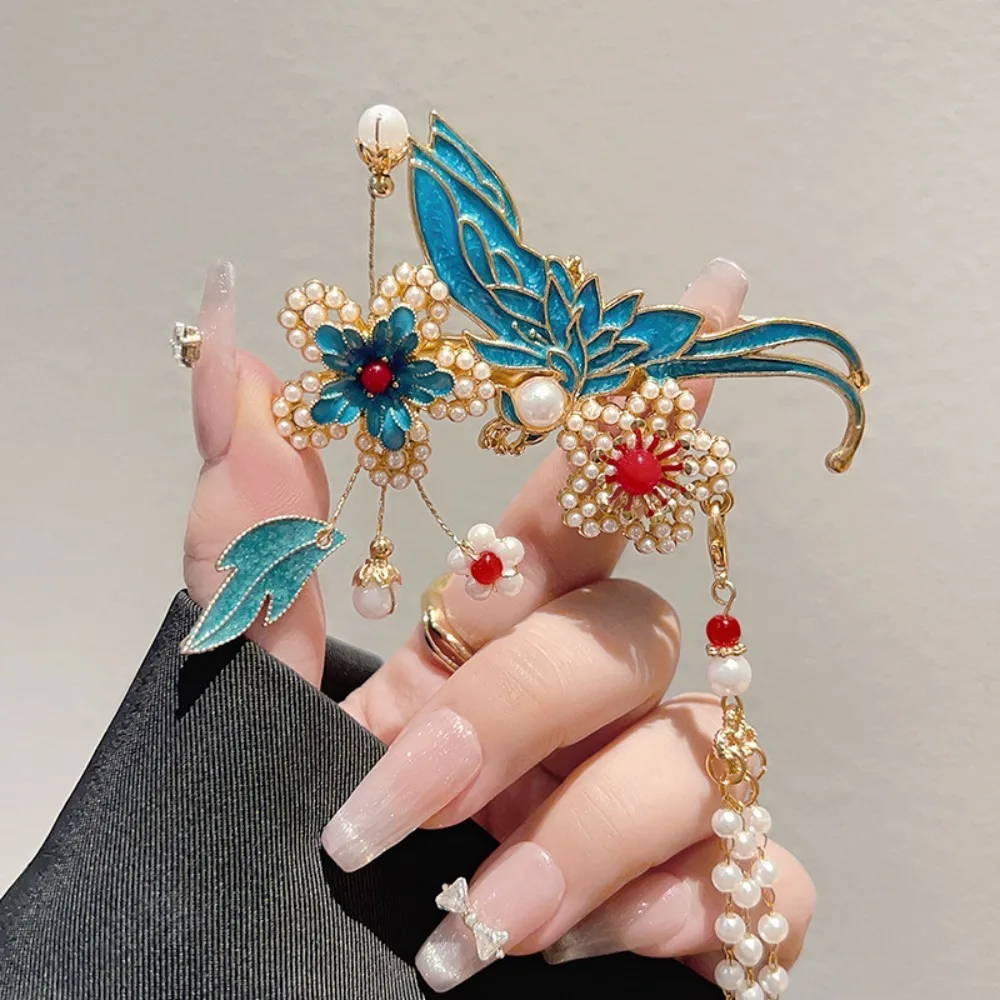 Elegant Women's Enamel Flower Tassel Hair Stick Retro Hanfu Style Dangle Chain Design Hair Accessory