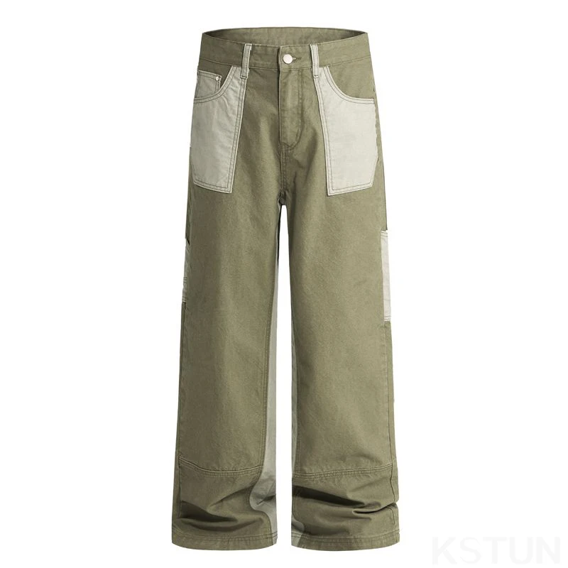 KSTUN 100 % Baumwollhose für Herren, grün, lockere, gerade Hose mit weitem Bein, lässige, gepatchte Taschen, Vintage-gewaschene Ganzkörperhose