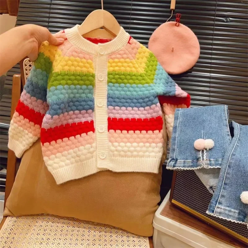 2024 Autumn Winter Children Girls Clothes Set Embroidery Peter Pan Collar Shirt Suit Striped Argyle Knitted Infant Girl Cardigan