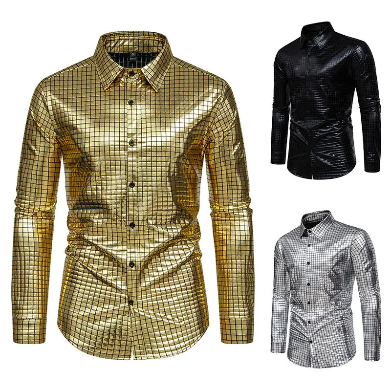 

2024 New Men's Checkered Gold Plated Stage Shirt Banquet Fashion Men's Bright Face Long Sleeved Shirt