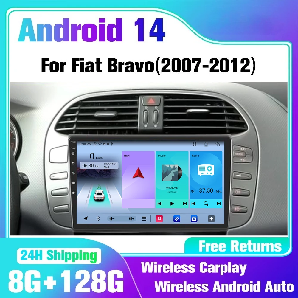 Android 14 Autoradio For Fiat Bravo 2007 -2012 Car Multimedia GPS navigation 2din Wireless CarPlay ZLINK IPS DSG WIFI 4G 2K