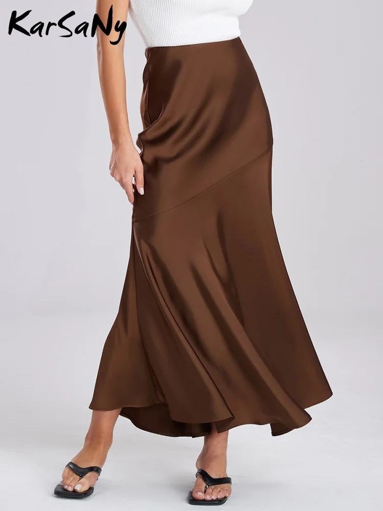 Elastic High Waist Solid Color Spliced Hip Wrap Long Skirt Silk Satin Flounce Hem Skirts Summer Simplicity Style Office Lady