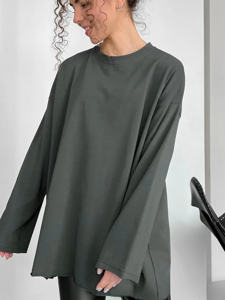 

Pure cotton long-sleeved T-shirt women's handmade worn loose top, versatile, solid color fashion casual sports top