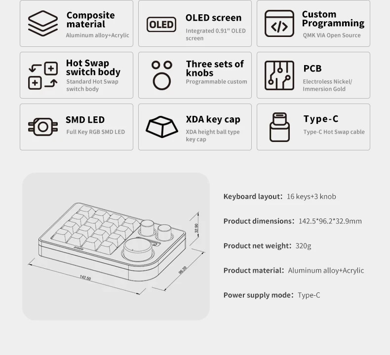 DOIO KB16-01 16Keys Mini Mechanical Keypad RGB Light Hot Swap Keyboard OLED Screen Ergonomics 3 Knob Aluminium Alloy Customize