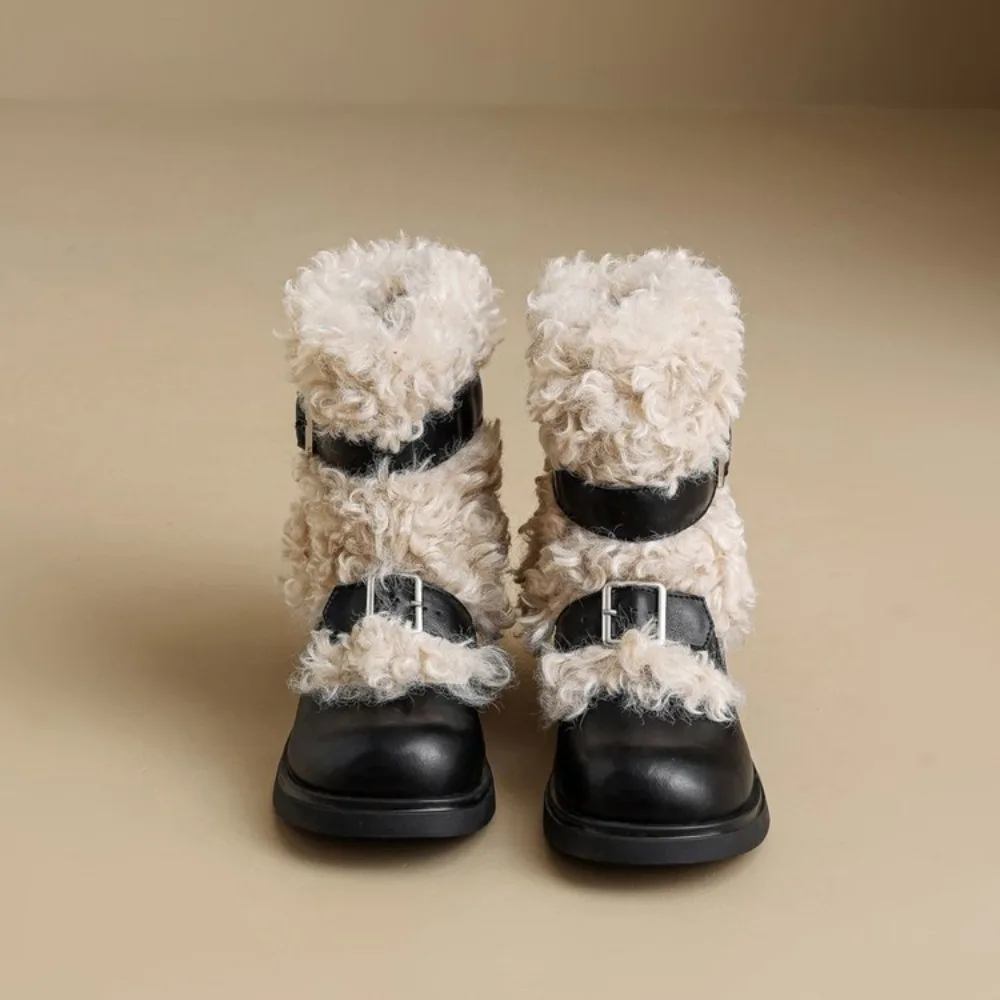 Rustic Korean Chic Curly Furry Snow Boots, Double Buckle Retro Slim Casual Fleece Warm Short Boots, Fashion Versatile Winter