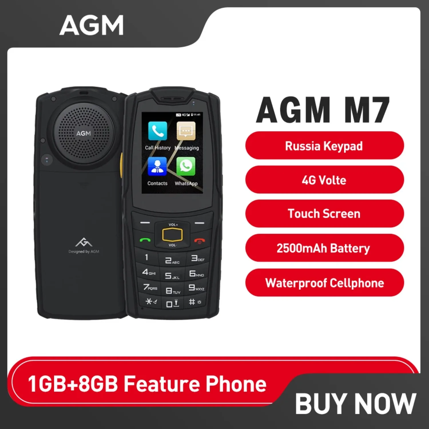 NEW AGM M7 Feature Phone4G  Android Waterproof Touch Screen Mobile Phone  2500mAh Cellphone, English Russia, Keypad Rugged Phone