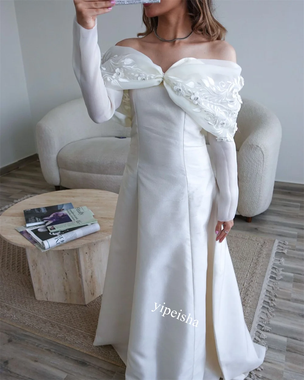 Customized Jiayigong Evening Jersey Flower Beading Draped Birthday A-line Off-the-shoulder Bespoke Occasion Gown Long Dresses