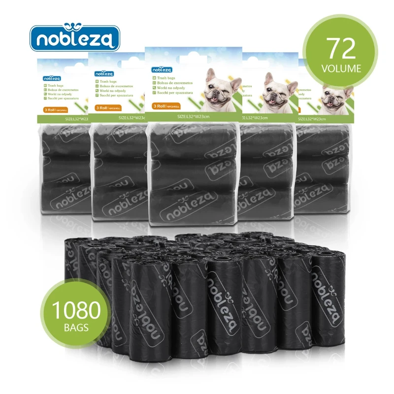 Nobleza Bolsas Caca Perro, 1080 Unidades Bolsas Excrementos Perros, Extra Grueso, Fuerte y a Prueba. 3 Rollos por Pack, 72 Rollos , Color Negro