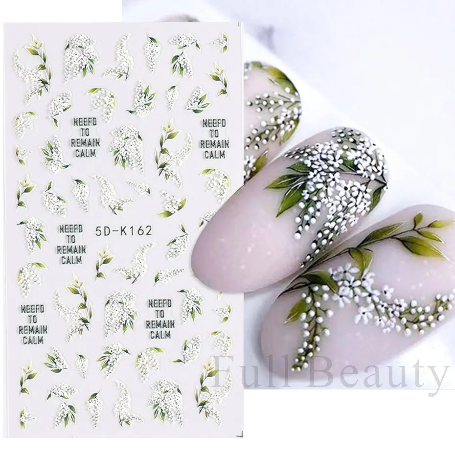 5D White Flower Embossed Nail Art Decals Bouquet Wedding Stickers Decoration Abstract Floral Leaf Dreamcatcher Sliders LA5D-K162