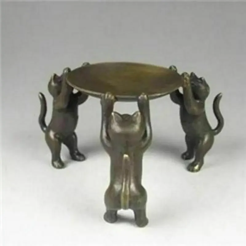 Ancient Asian Chinese Old Bronze Handmade Cats Plate Statue Oil Lamp Candlesti