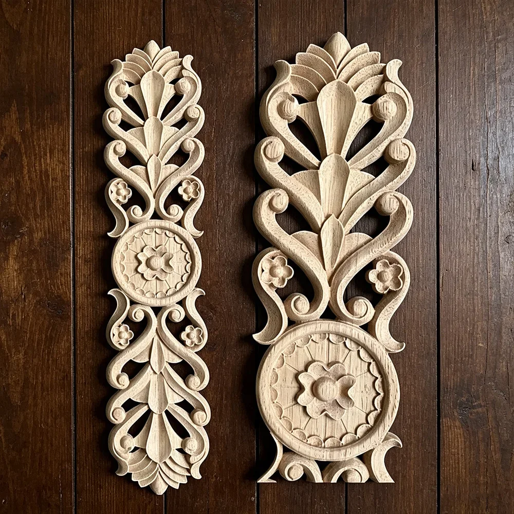 2PCS Wood Appliques Antique Decorative for Furniture Decor Cabinet Door Irregular Wooden Mouldings Flower Carving Figurines