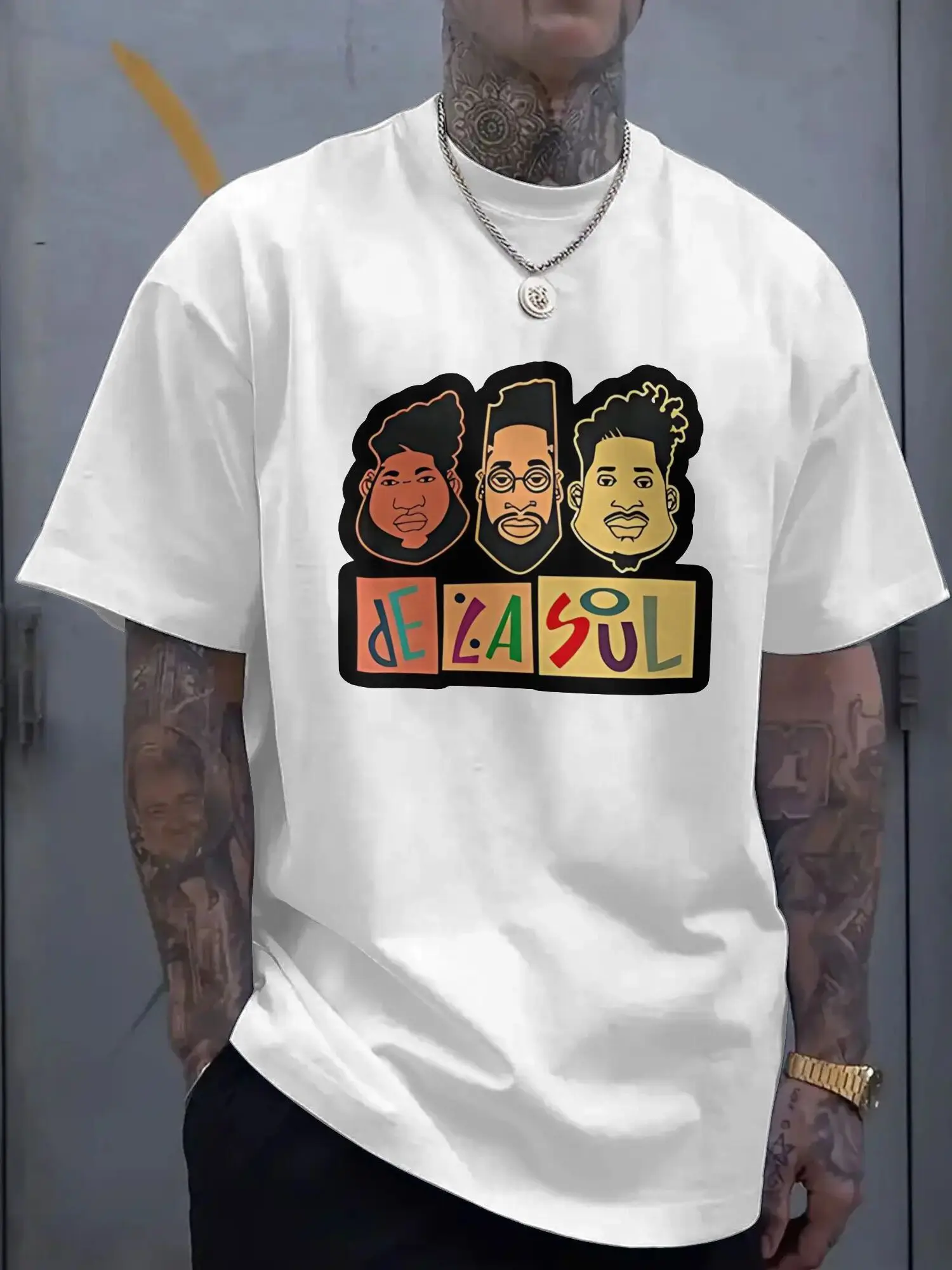 تي شيرت دي لا سول DXM3511 تي شيرت دي لا سول للرجال DXM3511 الهيب هوب مجموعة الموسيقى الكلاسيكية طباعة أسود قصير الأكمام Crewneck