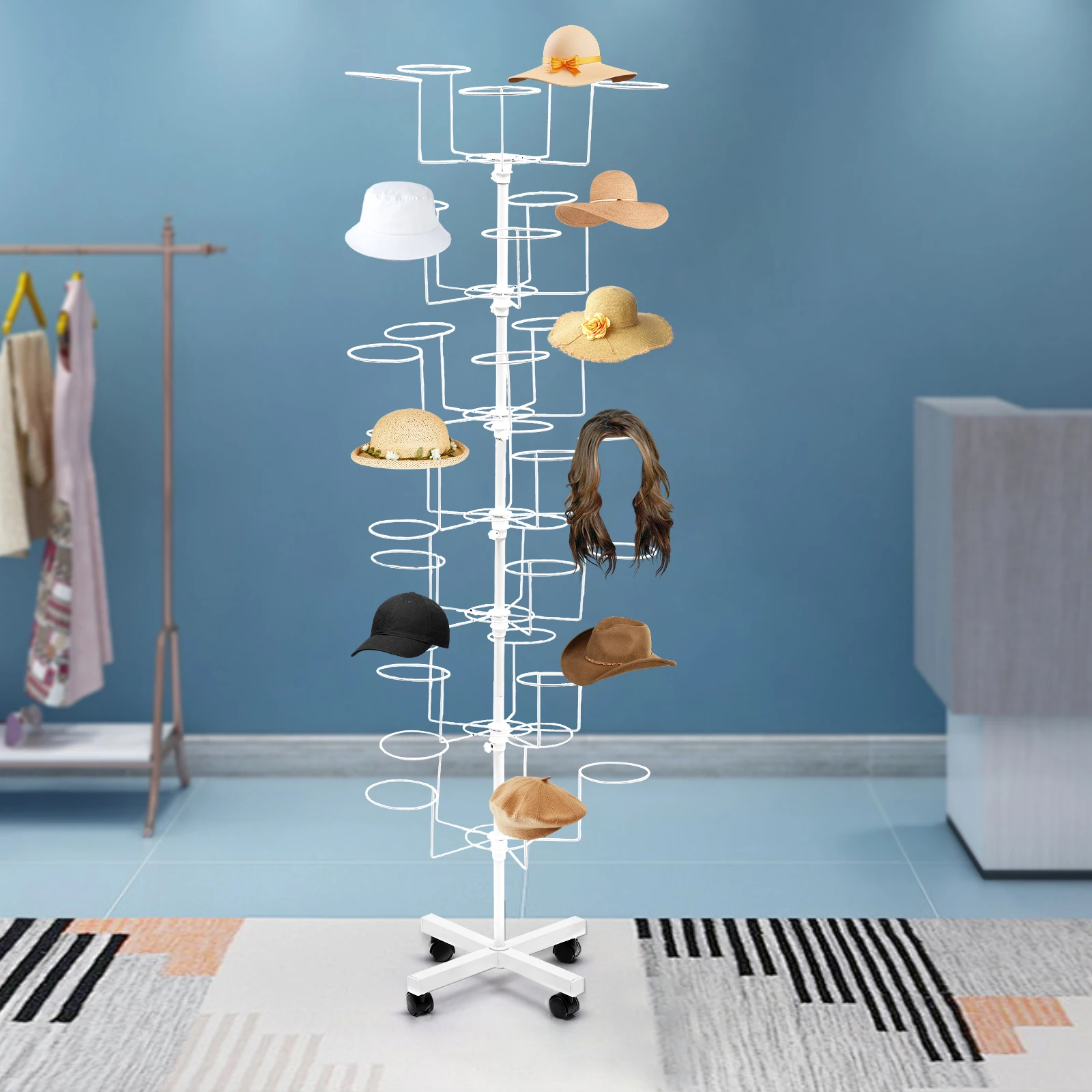 

7 Tier Rotating Hat Display Rack Free Standing Metal Floor Caps Headwear Stand