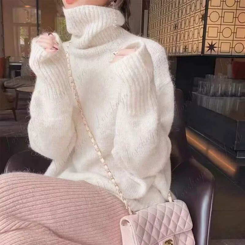 Herbst und Winter neuer Mohair-Rollkragenpullover für Damen, süßer und fauler Stil, einfarbiger Pullover, Strickoberteil