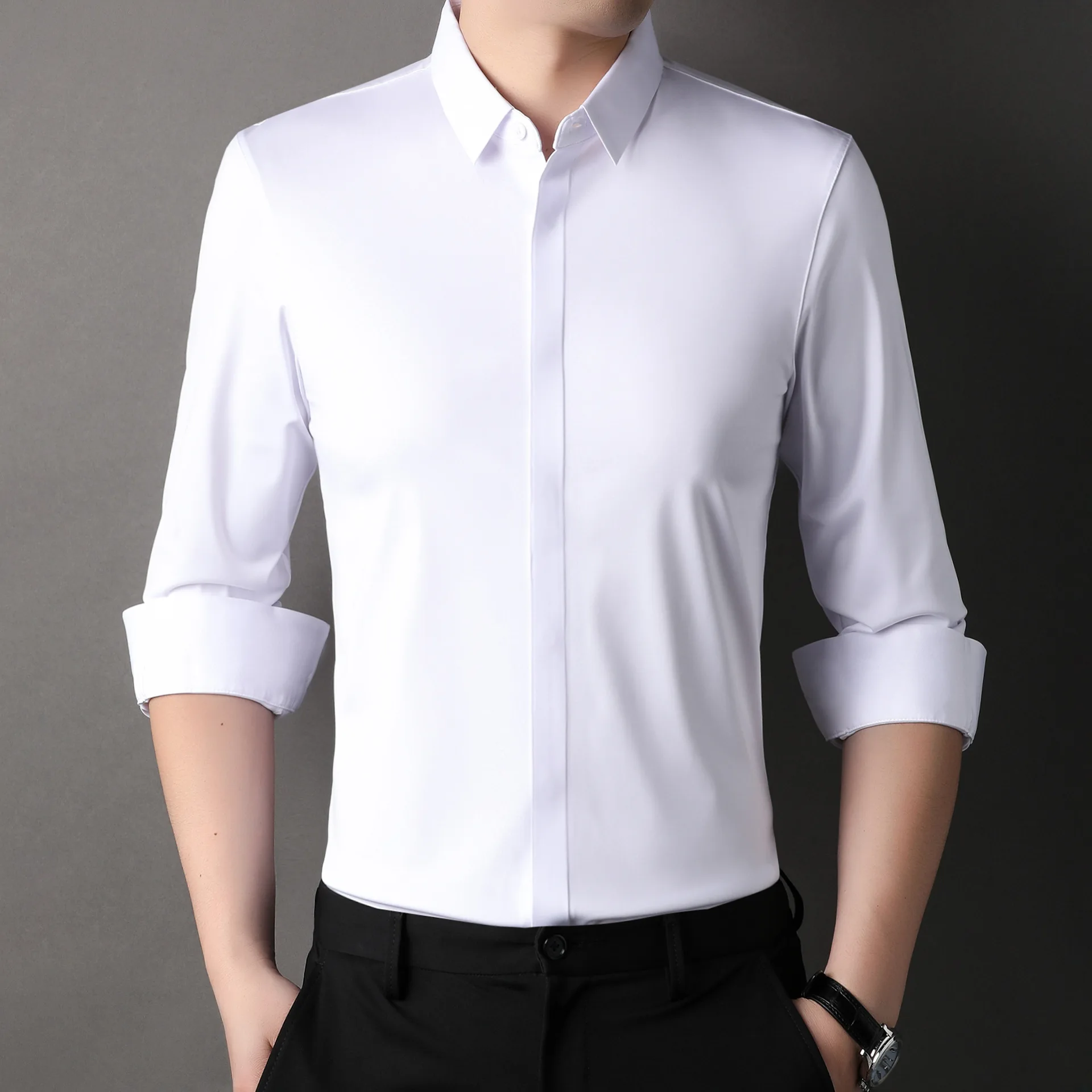 Men's Casual Anti-Wrinkle Non-Ironing Longsved Shirt CleanFit Waist-Cinching PU Leather  Neck Female Style 3D Effect
