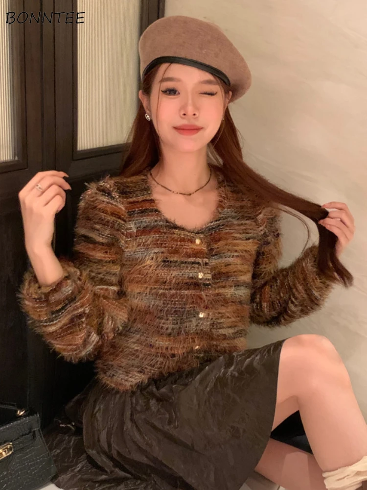 

Полосатые укороченные кардиганы женские винтажные мягкие темпераментные офисные женские повседневные вязаные пальто нежные корейские модные эстетические уютные повседневные