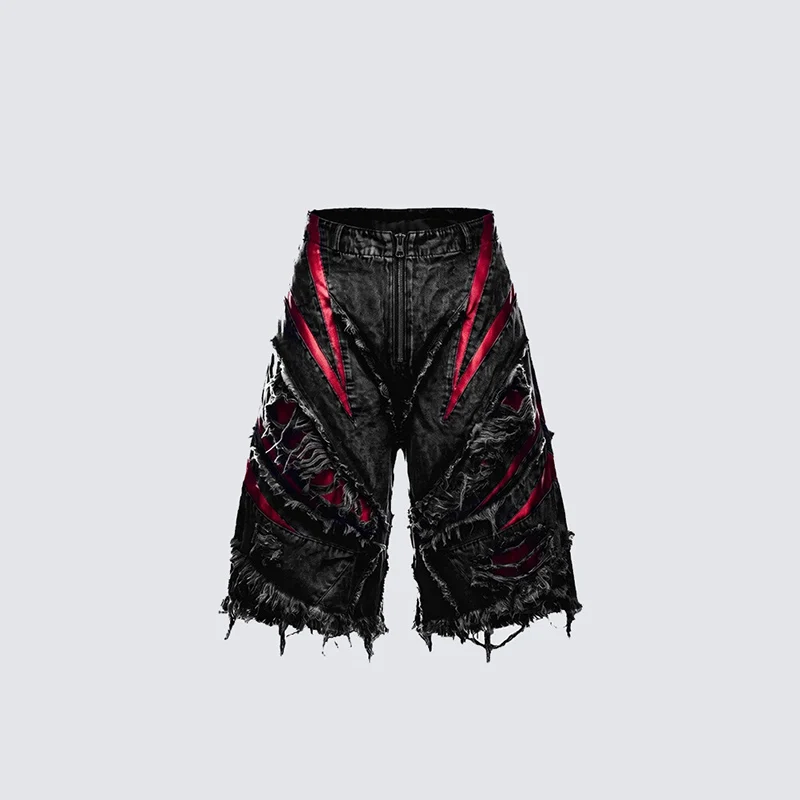 Black High Street Heavy Industry Cut Shredded Cowboy Midpants Red Satin Materials Splicing Deconstructed Zipper Wide Leg Shorts