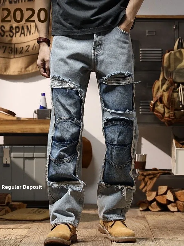 Men's Ripped Patchwork Fake Two-Piece Jeans Loose Straight American Style Casual Workwear Trousers Trendy Brand Jeans