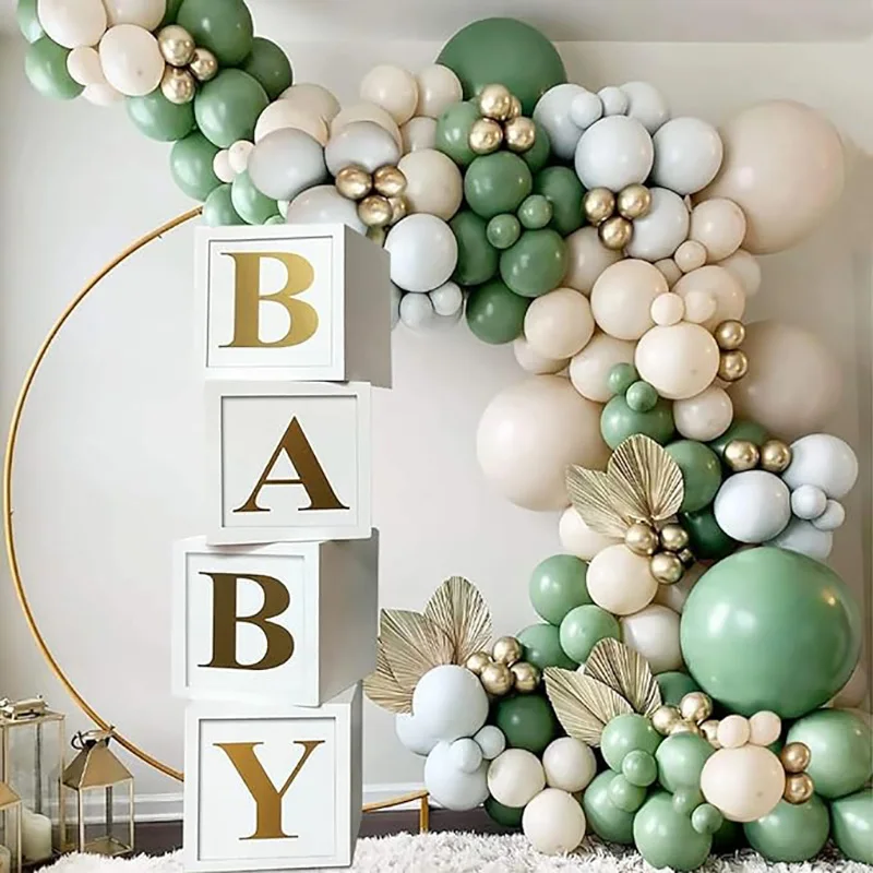 

4pcs Baby Shower Box Stereoscopic White Baby Balloon Boxes with Gold BABY Letter for Birthday Baby Shower Gender Reveal Decor