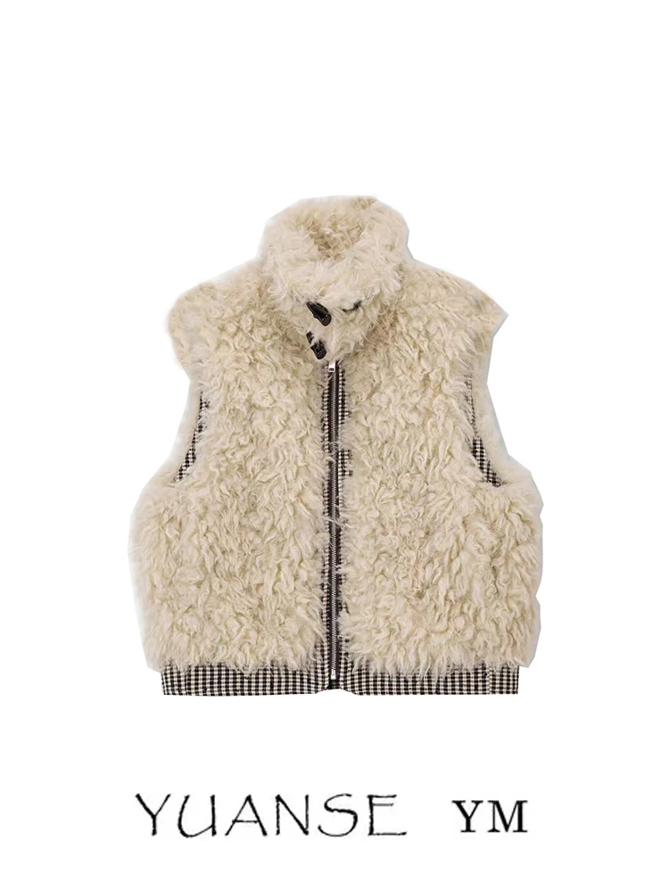 Double-Sided Wearable Zipper Closure Short High Collar Quilted Vest Vintage Plaid Versatile Women's Autumn Winter Faux Sheepskin