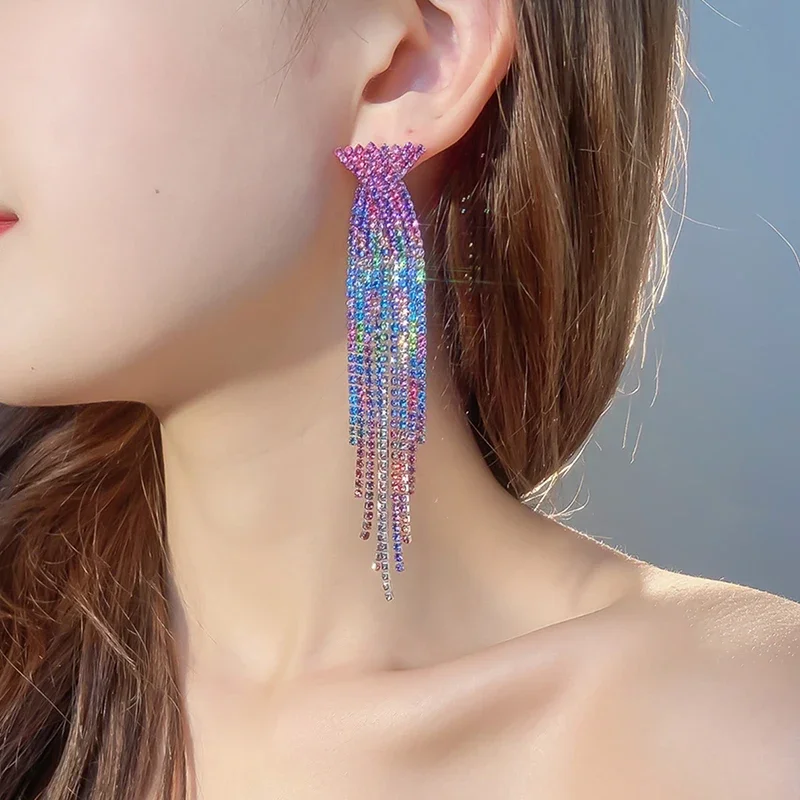 Long Crystal Tassels Earrings For Women Luxury Glitter Water Drop Earrings Red/Black/Blue/Gray Gradient Earrings Jewelry