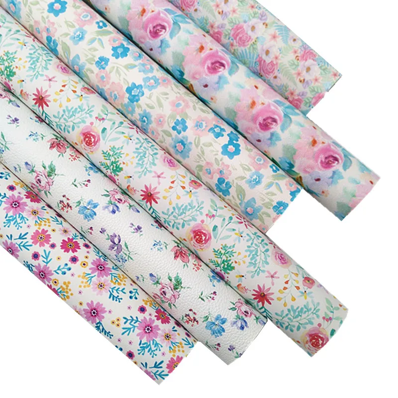 Pink Blue Mixed Small Flowers Custom Synthetic Leather Sheets Felt Backing Faux Leather Fabric for DIY Craft 8.2