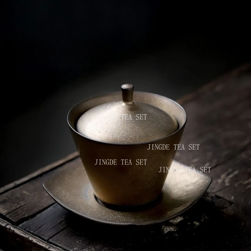 180ml Gilded Covered Bowl Ceramic Hand Held Tea Bowl Household Chinese Three Talent Bowl Lid Tea Infuser Drinking Utensils