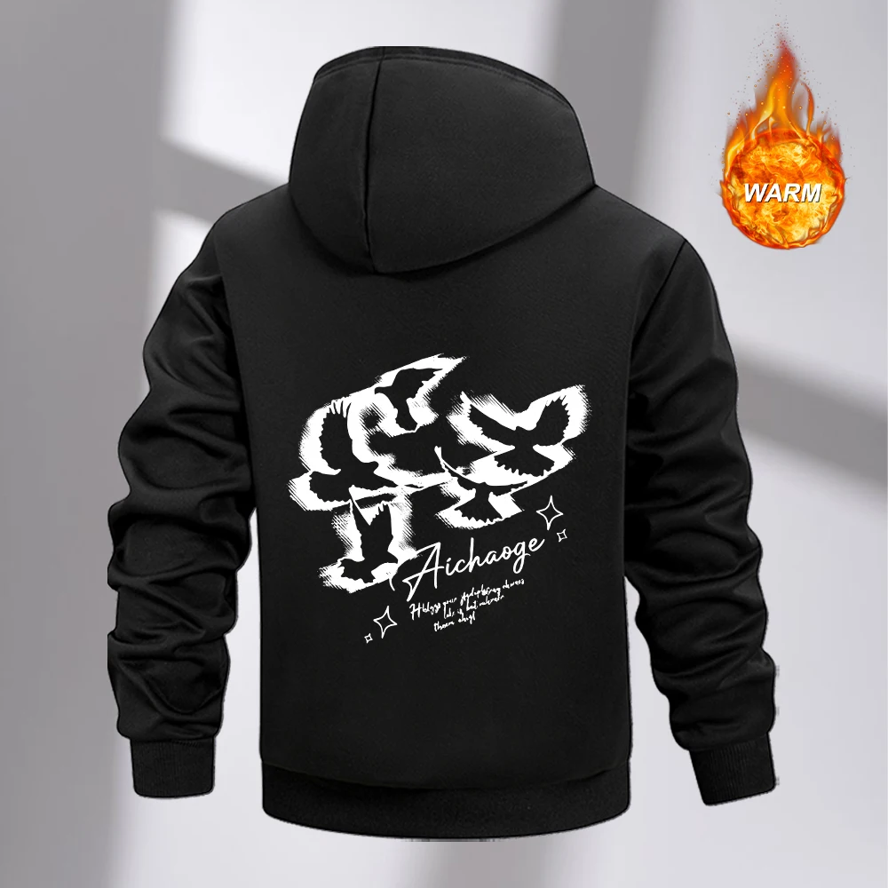 Men's Thick Zipper Hoodies With Pigeon Print Warm And Casual Sweatshirt Autumn And Winter Outdoor Fitness Commute Sportswear