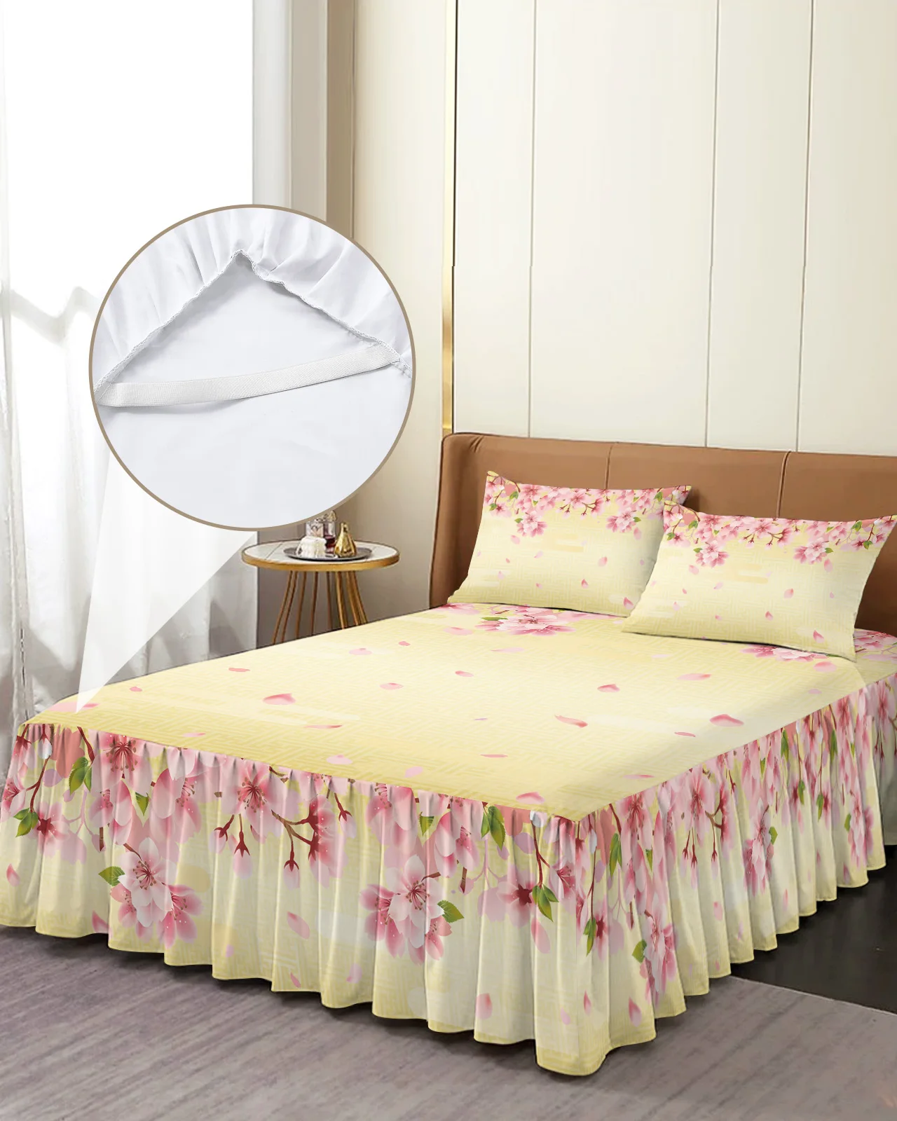 Japanese Style Sakura Cherry Blossom Flower Bed Skirt Fitted Bedspread With Pillowcases Mattress Cover Bedding Set Bed Sheet