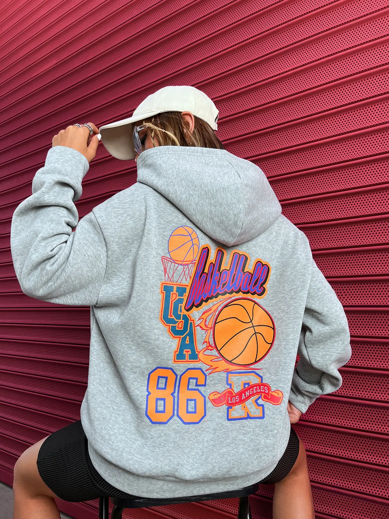 Basketball USA 86-Buchstaben-Cartoons-Druck-Kapuzenpullover für Damen, Fleece, All-Match-Sweatshirt, modisch, warm, mit Kapuze, Herbst, lässige Sportbekleidung