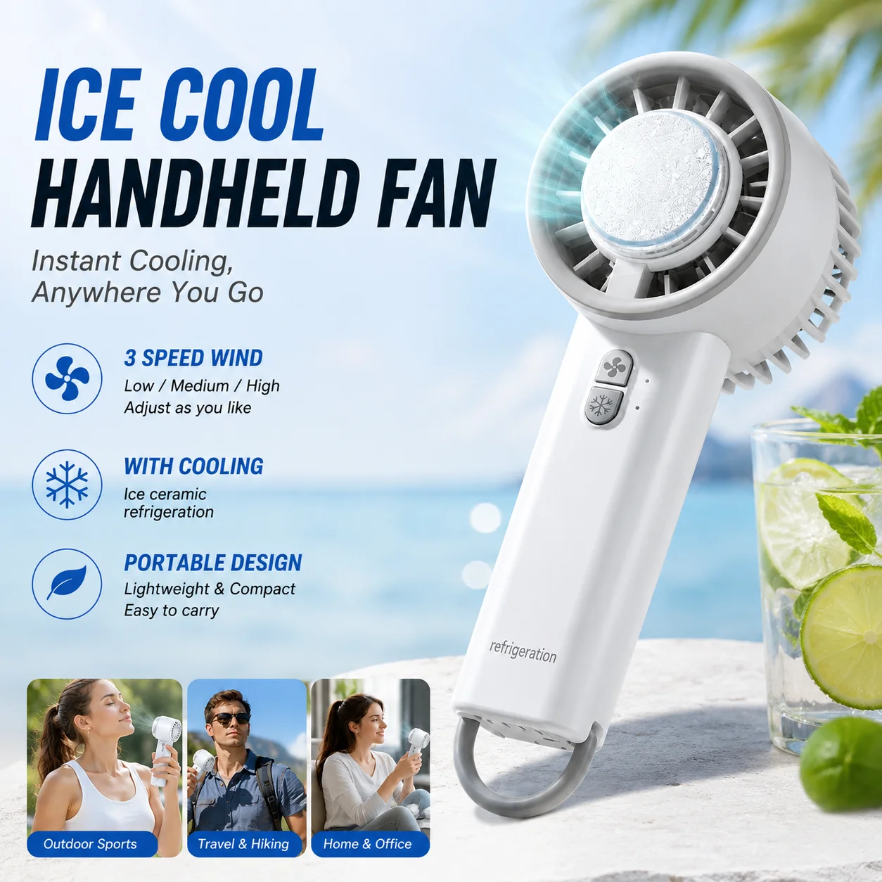 

Portable Fan Handheld Cooling Ice Pack Fan with 3 Adjustable Speed Settings Durable Outdoor Travel Mini Fan 1500mAh Battery