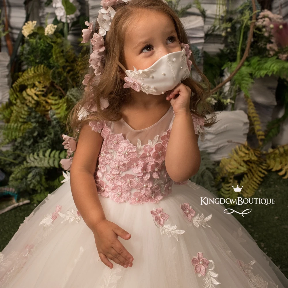 Lorencia-vestido de niña de flores rosa para boda, vestido de baile Formal con apliques de encaje Floral 3D, primera comunión, vestido de desfile YFD016