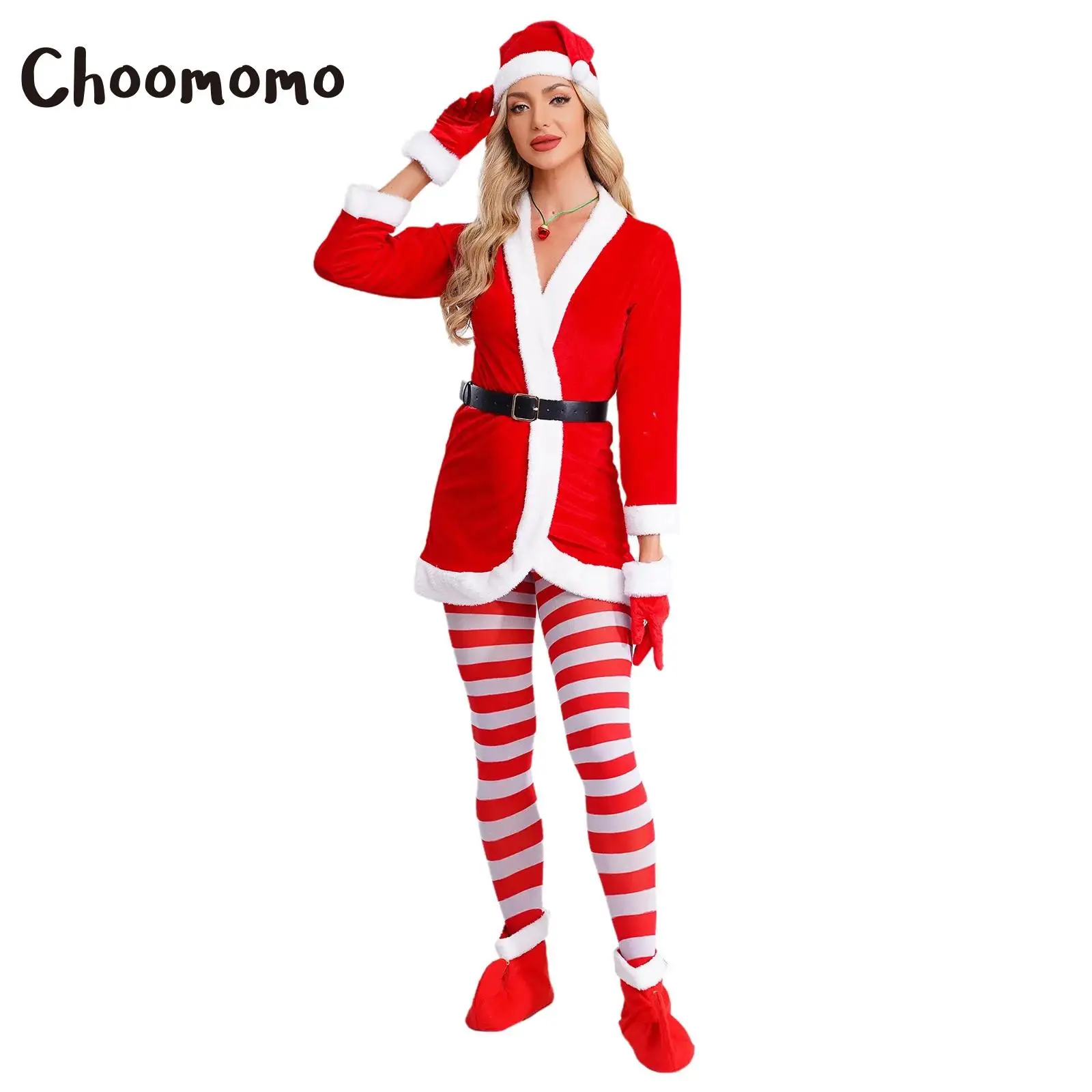 

Womens Christmas Candy Cane Costume Long Sleeve Sequin Decor Striped Tutu Dress for Santa Clause Themeed Party Wear New Year