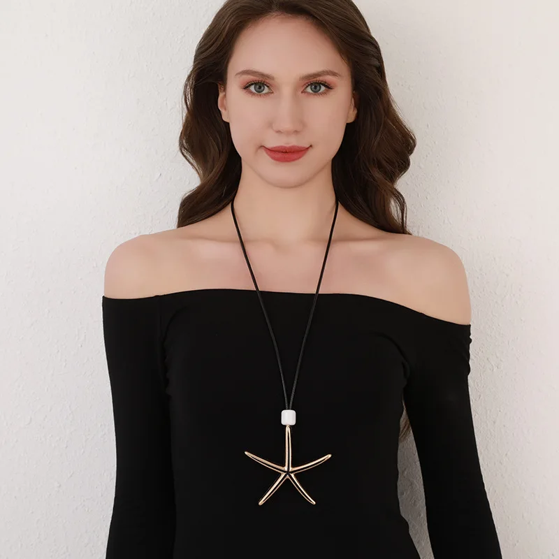 

Kaseakia Long Necklace Starfish Metal Pendant Geometric Sweater Chain for Women