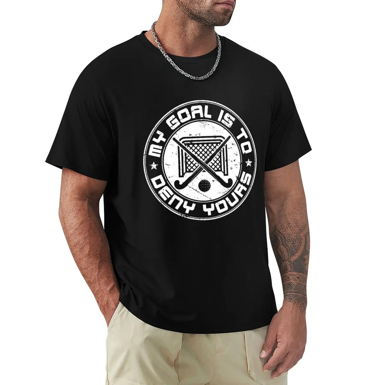 Camiseta con estampado minimalista de hockey sobre césped: Mi objetivo es impedirle golear a ti, camiseta con estampado minimalista
